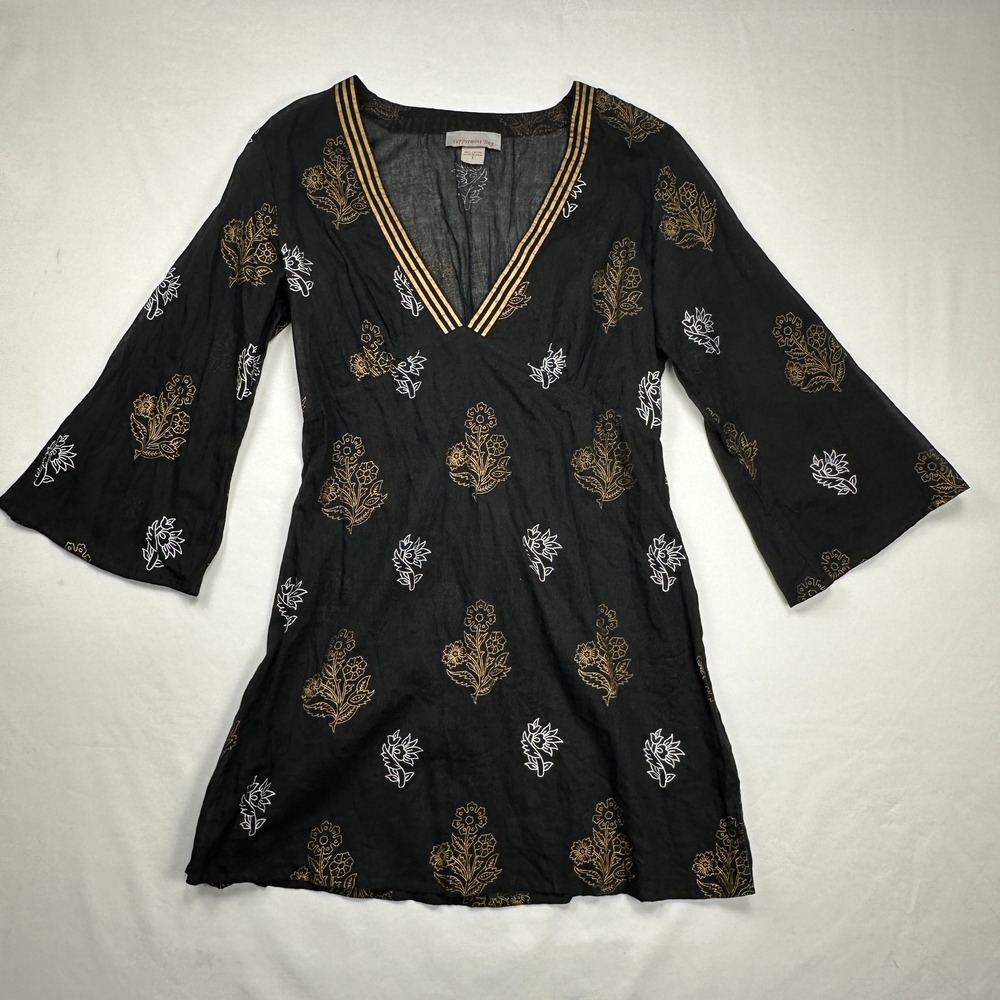 Peppermint Bay Black Gold Floral Cotton Bell Sleeve V-Neck Swim Cover Up Small